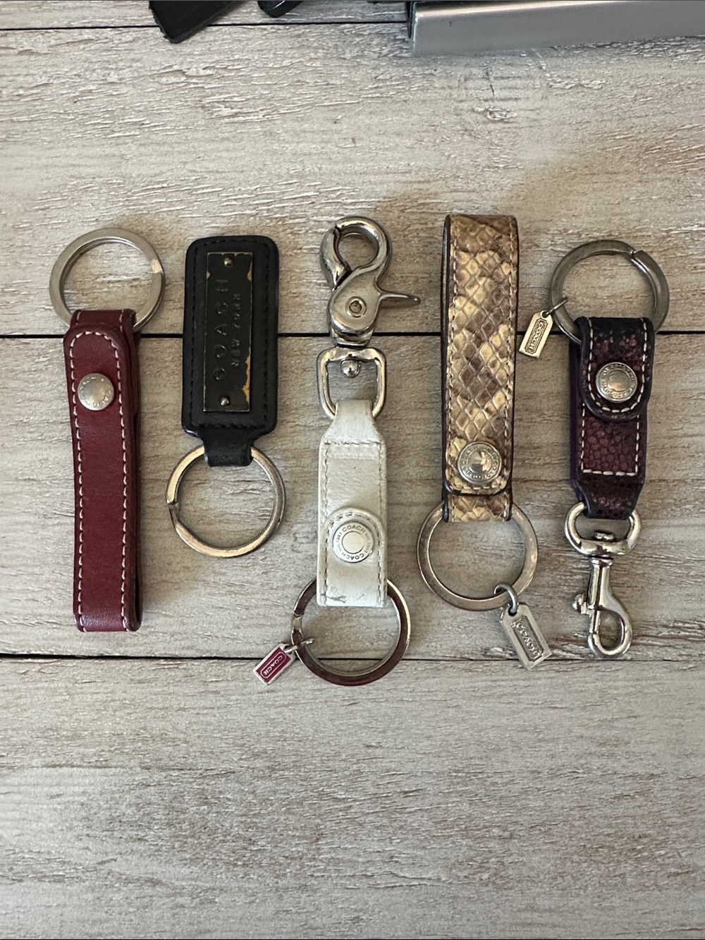 Coach Leather and Metallic Key Holder Set in Burgundy, Black, White, Gold, Plum